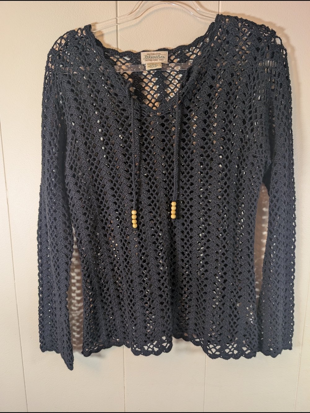 St. John's Bay Black Crochet Knit Hooded Sweater Beach Cover Up Women's M